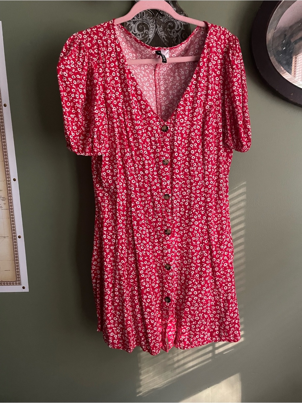 H&M Red and White Floral Button-Front Mini Dress